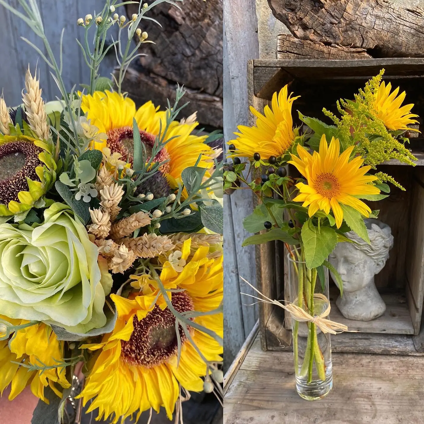 Rustic sunflower bouquet and vase arrangement