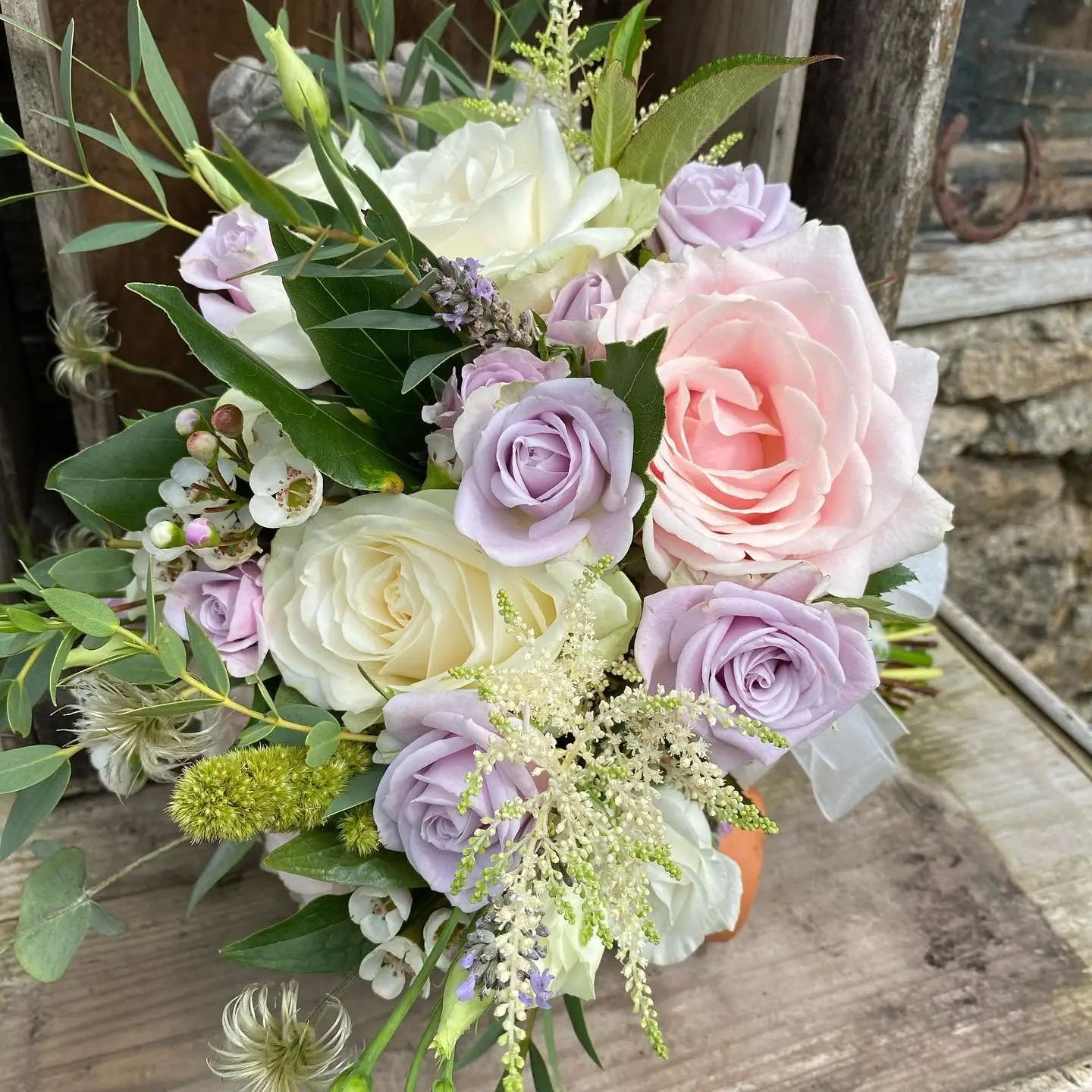 Pastel pink, lilac and white rose bouquet